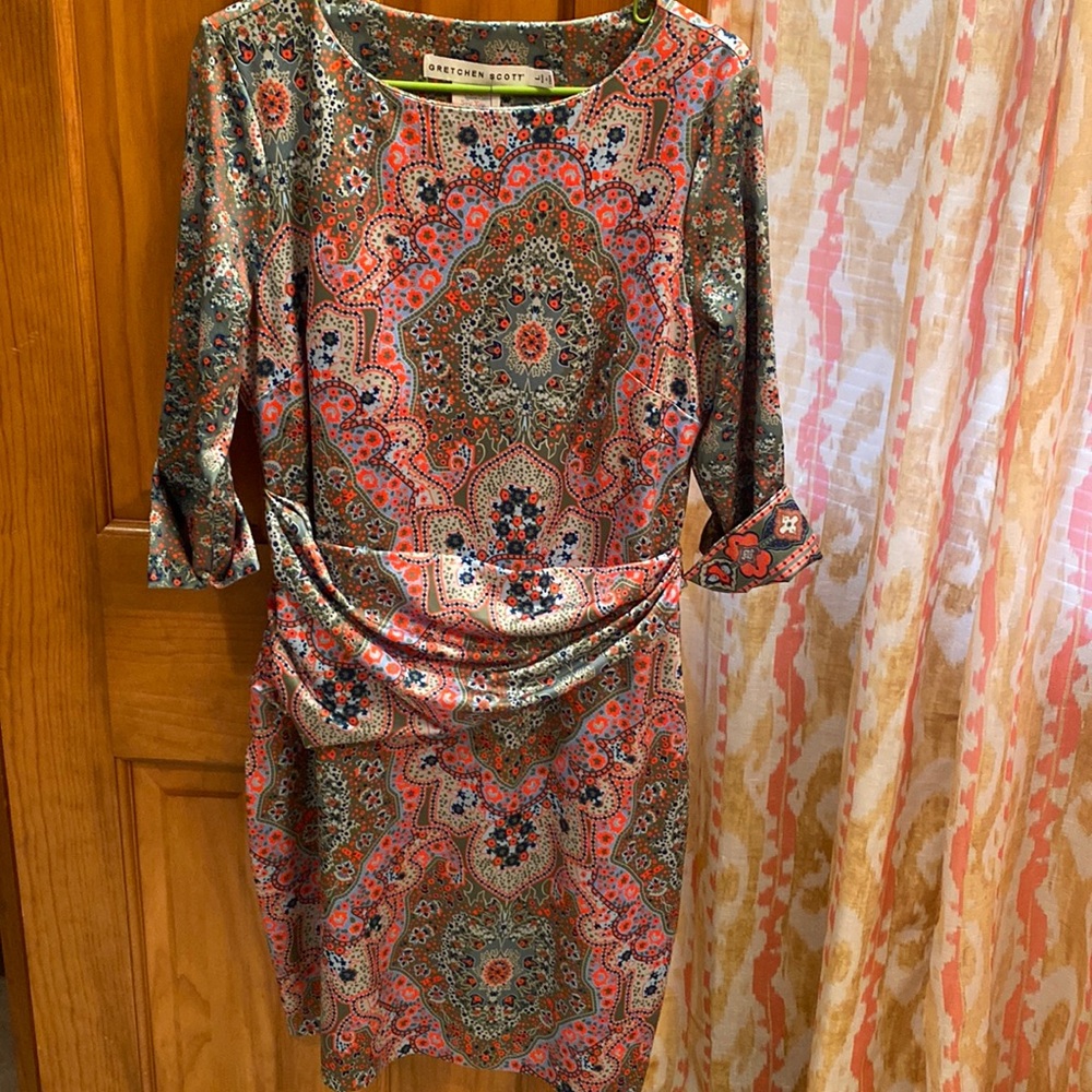 Gretchen Scott Designs Coral, Olive & Navy Paisley Sheath Dress